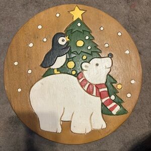 Holiday Wooden Stool with Polar Bear and Penguin Design